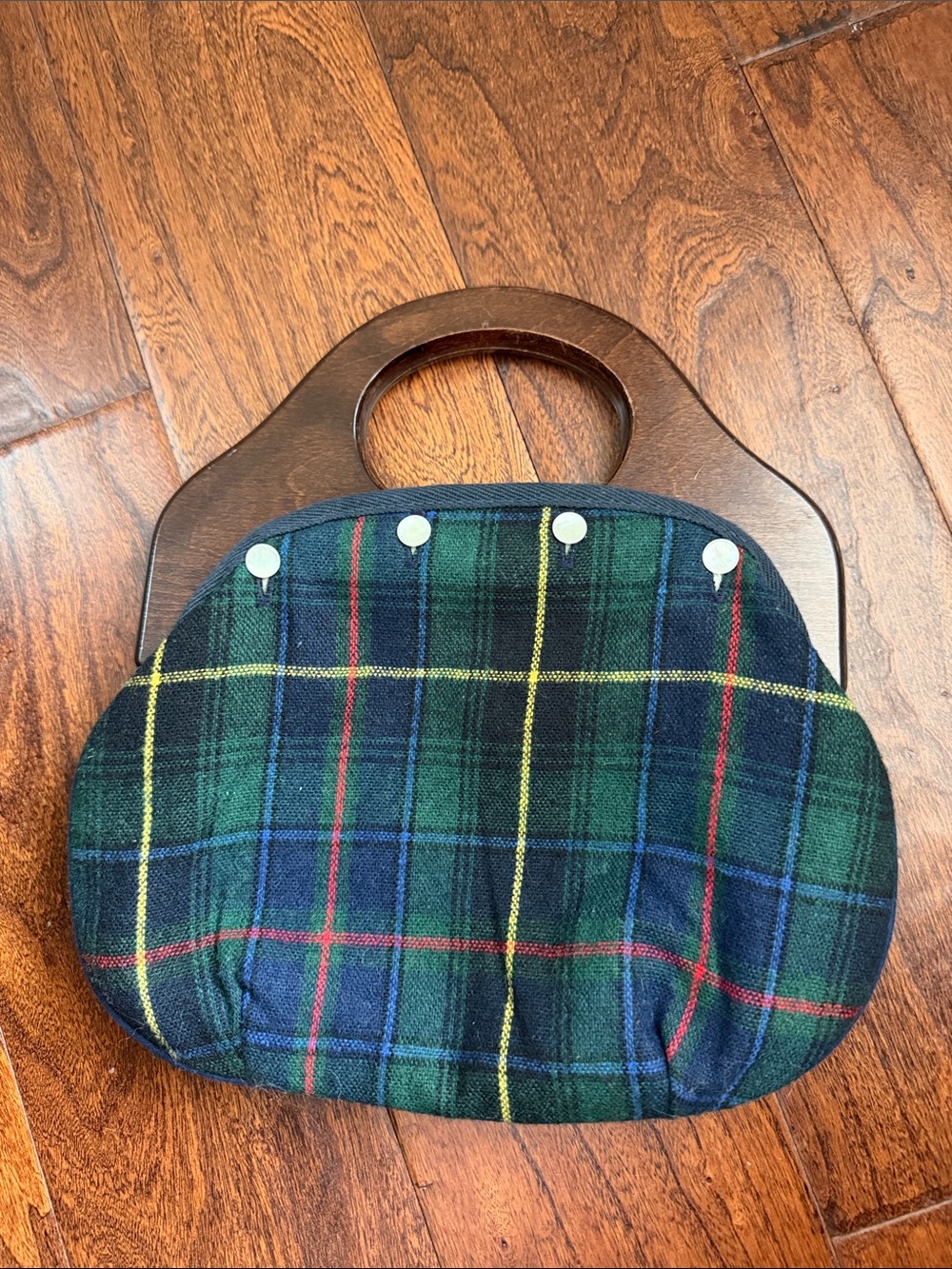 DeLanthe Vintage Green Plaid Purse Clutch with Wood Handle